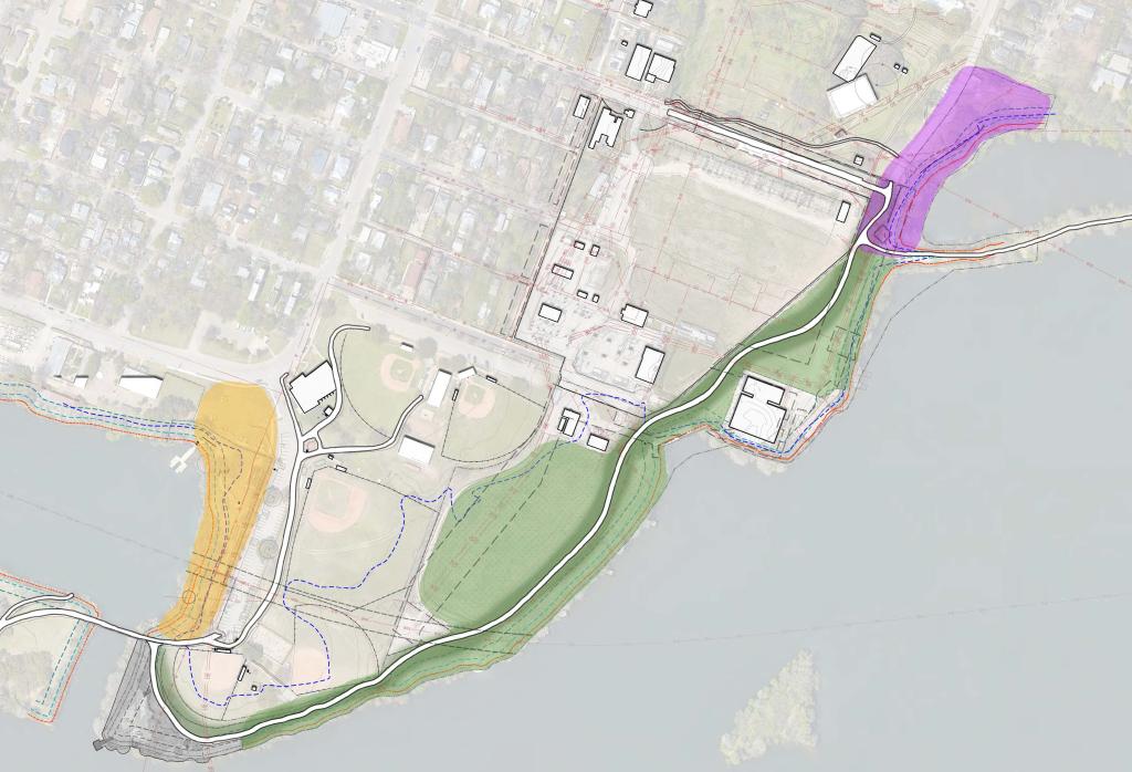 Overhead drawing of Festival Beach at Holly Shores highlighting project locations and information