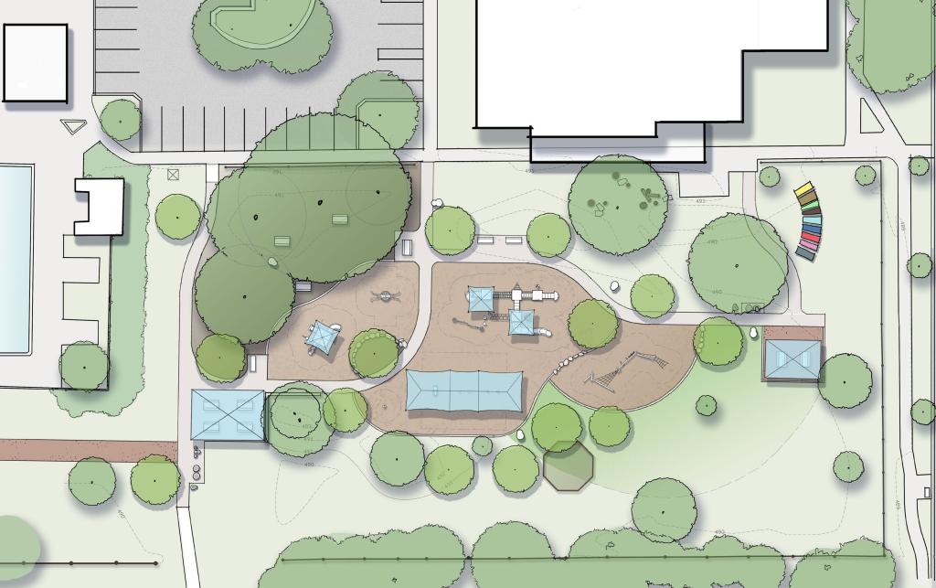 Drawing of Montopolis Park concept showing layout of playground near pool and recreation center