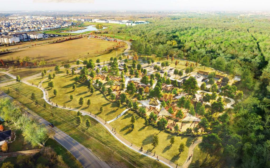 Drawing of proposed playground concept of all abilities play area at Onion Creek Metropolitan Park showing overhead view from a distance