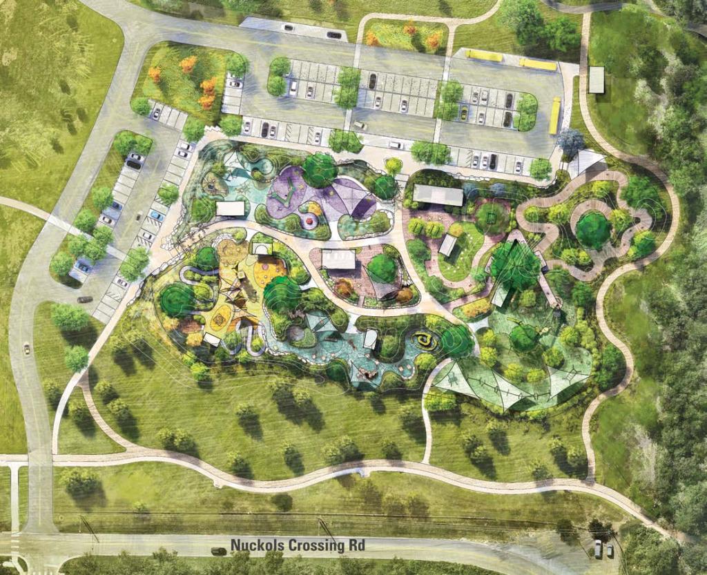 Overhead view of concept with Nuckols Crossing on the south, shows areas for parking, entrances, Beaver, Jackrabbit, Bumblebee, Anole, Ringtail, Hummingbird, Armadillo labeled areas, and restroom and field areas