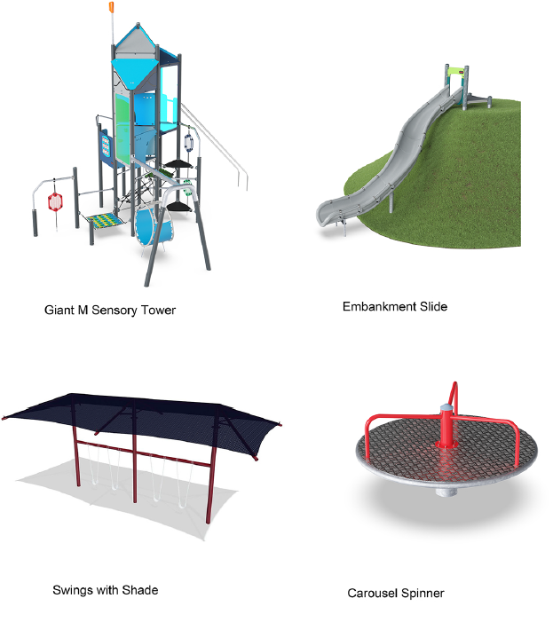 Images of amenities selected for the park include a sensory tower, an embankment slide, swings with a shade structure and a merry-go-round.