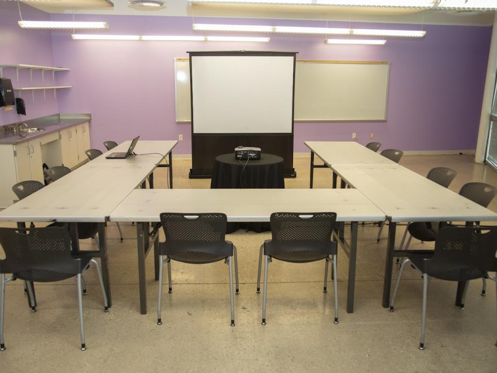 A conference-style setup in a classroom with tables arranged in a U-shape, black chairs, and a projector screen at the front. The walls are painted purple, and the space includes a whiteboard, built-in cabinets, and a sink.