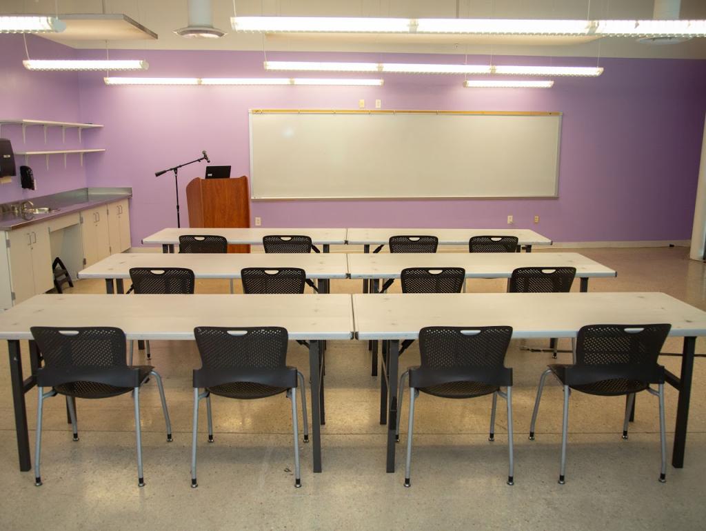 A training or workshop room with long tables arranged in rows, black chairs, and a podium with a microphone at the front. The purple walls and large windows brighten the space.