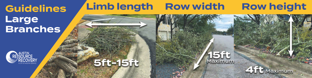 Graphic with guidelines for large branches. There are 3 photos showing the maximum width of 5ft-15ft, maximum of 15 ft in length, and a maximum of 4 ft in height.