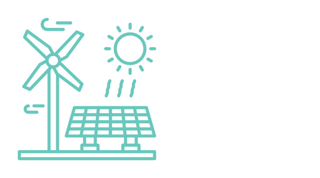 Icon of a solar panel, the sun, and a wind turbine.