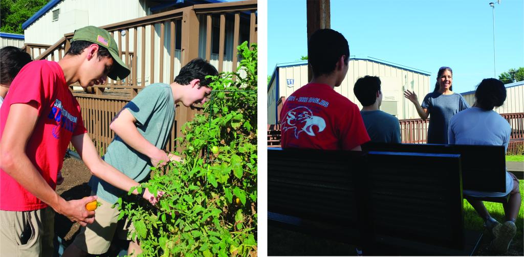 Left: students pick tomatoes from a plant in the Summit gardens; Right: Ms. Tapperson teaches under the green classroom structure. 