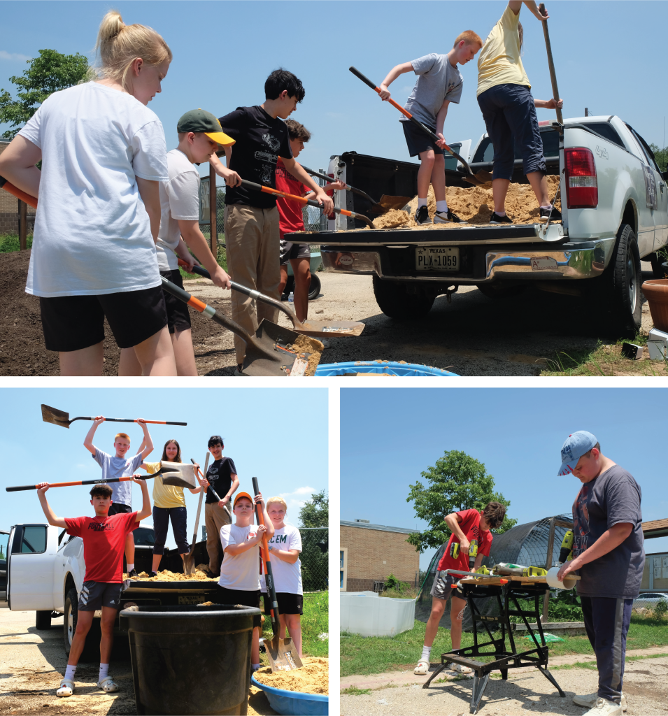 A photo collage of students shoveling sand from a pickup truck, students posing with shovels, and students working with power tools at a workbench outside.