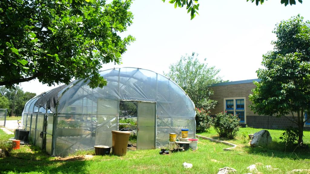 The Bailey Middle School greenhouses and gardens.