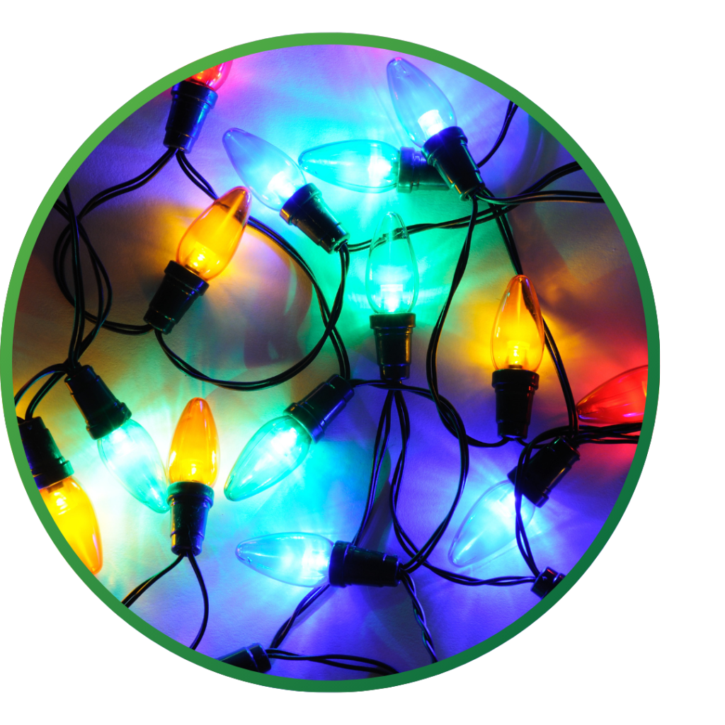 A bundle of lit, multicolor LED string lights.