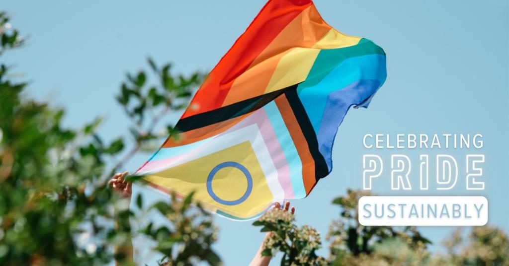 A person waves a Pride Progress flag. In the forefront of the photo are tree leaves.