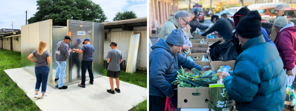 Left: Staff and volunteers work on installing a cooler. Right: Participants collect food from tables.