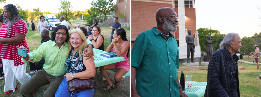 Left: people sit at a table smiling at the camera. Behind them people are chatting in small groups. Right: Two men smile and look to the distance.