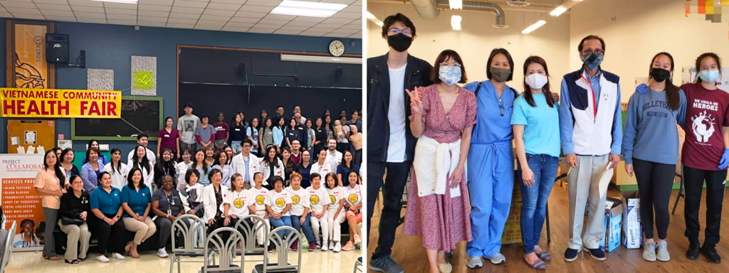 Left: A group shot of the 2023 Vietnamese Community Health Fair. Right: A group of people stand together wearing masks and look at the camera.