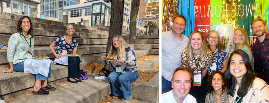 Left: Staff share a meal outside at USDN. Right: Office of Sustainability staff pose in a photobooth at USDN.