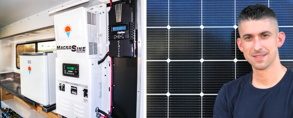 Two photos: Solar inverters and equipment inside trailer. Photo of Tom with solar panel in background.