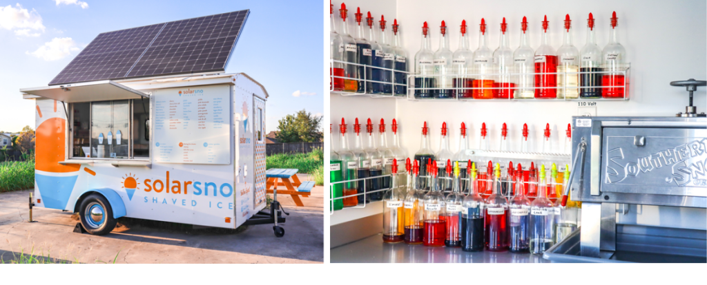 Two photos: Solar sno food truck with a large solar panel on top. Shaved ice flavors lined up along the wall of the food truck.