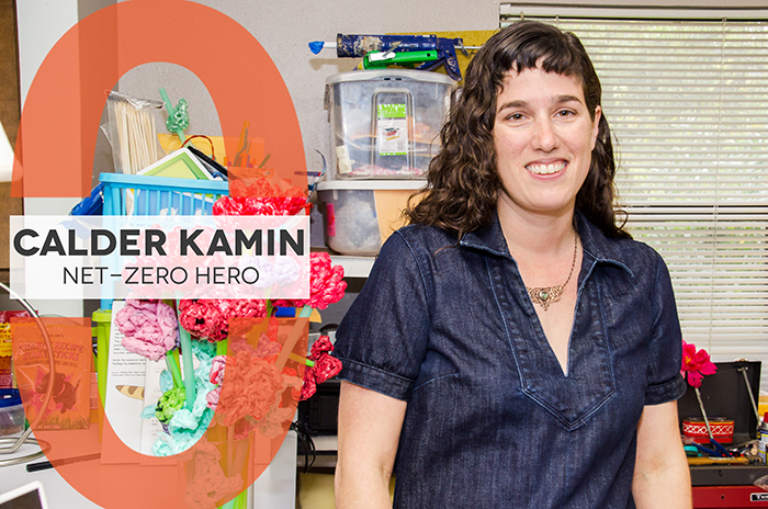 Calder Kamin in her studio next to a graphic that reads "Calder Kamin: Net-Zero Hero"