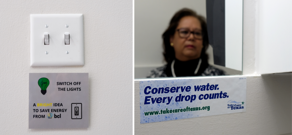 Left: Light switch with sign saying "Switch off the lights. A bright idea to save energy from BCL" Right: Rosa's reflection in a mirror, sticker in front reads "Conserve water, every drop counts"