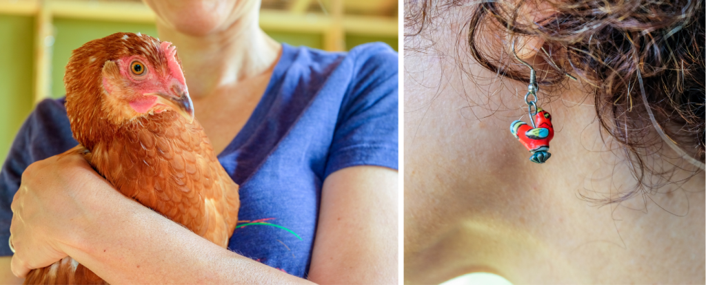 Two photos: Michelle with a chicken and Michelle wearing a chicken earring.
