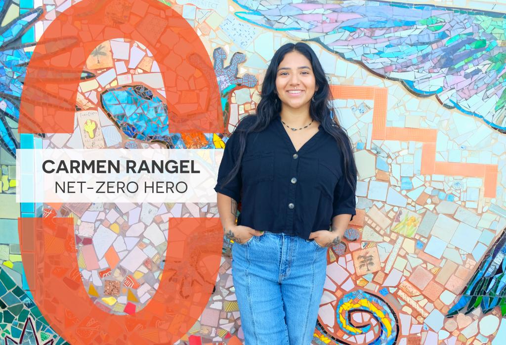 Carmen Rangel stands in front of a large mosaic. Text reads, "Carmen Rangel: Net-Zero Hero."