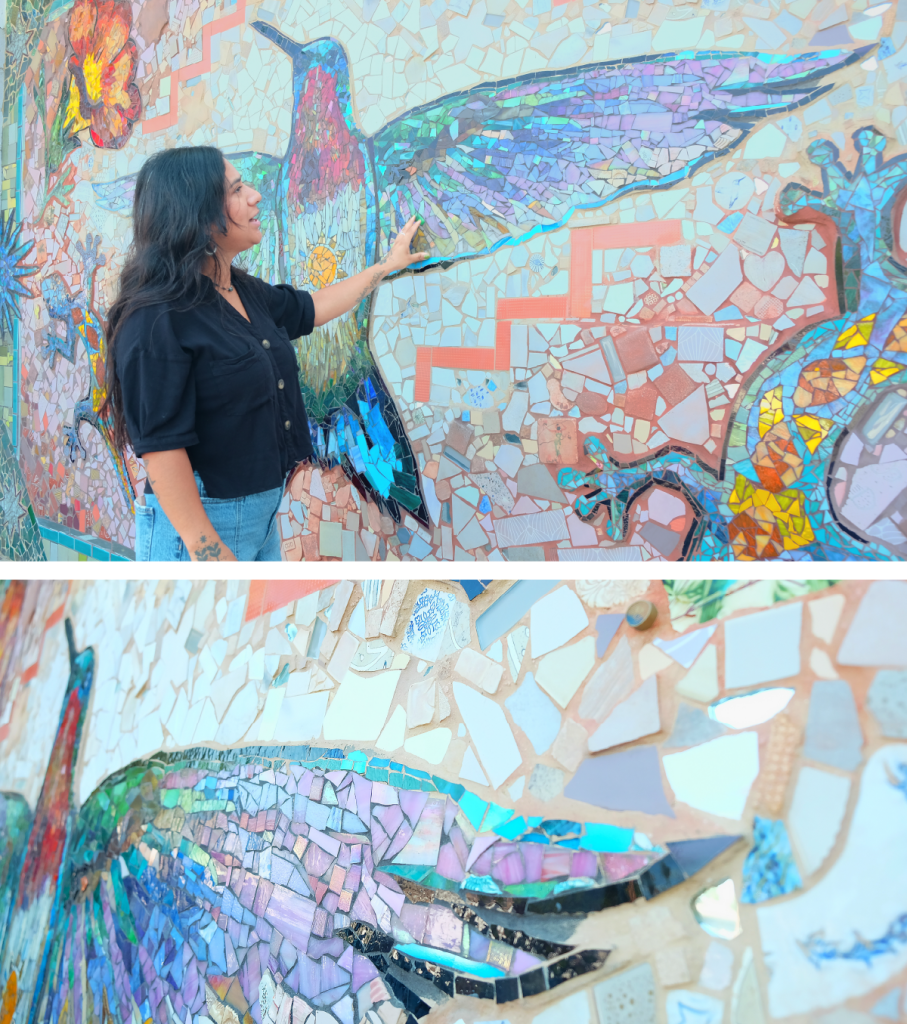 Two photos of the hummingbird at the center of the Under the Same Sun mosaic. In the top, Carmen points out details. On the bottom, a closeup of the iridescent wing. 