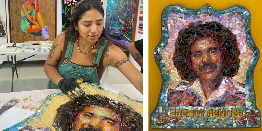 Two photos side by side. On the left, Carmen works in studio on a mosaic. On the right, the finished mural of Freddy Fender installed on a wall.