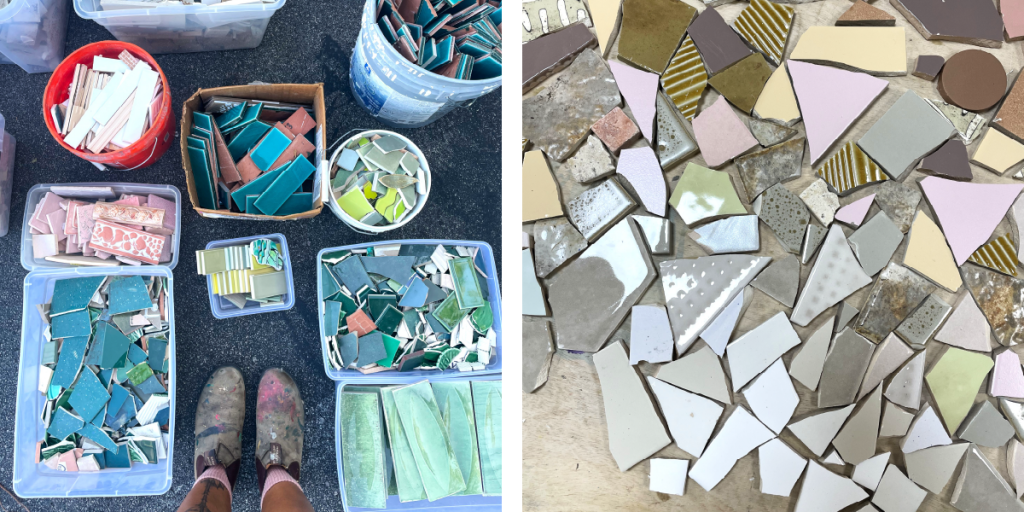 Two photos side by side. On the left, feet stand at the bottom of the image with containers of color-sorted mosaic pieces spread around them. On the right, a closeup of small mosaic pieces arranged and ready for grout.