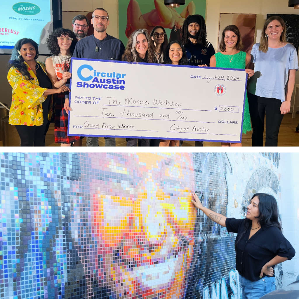 Two photos stacked top to bottom. At the top, a group of people, including Carmen, pose with a giant $10,000 check for The Mosaic Workshop. On the bottom, Carmen points out details on a mosaic mural portrait created by The Mosaic Workshop.