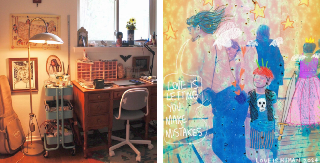 Two photos. Left: Chiara's studio space with a chair at a desk, art supplies in a cart sits to the left. Right: A collage by Chiara.