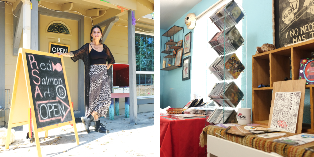 Two photos. Left: Chiara stands at the front of Red Salmon Arts. Right: media laid out in the interior of Red Salmon Arts and the Resistencia Bookstore. 