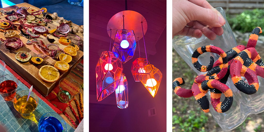 Three photos of Danny's art: a collection of dried fruits and vegetables on a cutting board, a handing light fixture glowing red, blue, and orange, a close up photo of a vase with a snake sculpture wrapped around it.