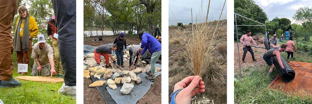 Four photos taken by Danny during his CAMN projects: people look at a demonstration at McKinney Falls State Park, people dig around rocks at Brackenridge Field Lab, Danny holds up plant cuttings at Maxwell Trail, Danny helps carry a large tube at Ecology Action.