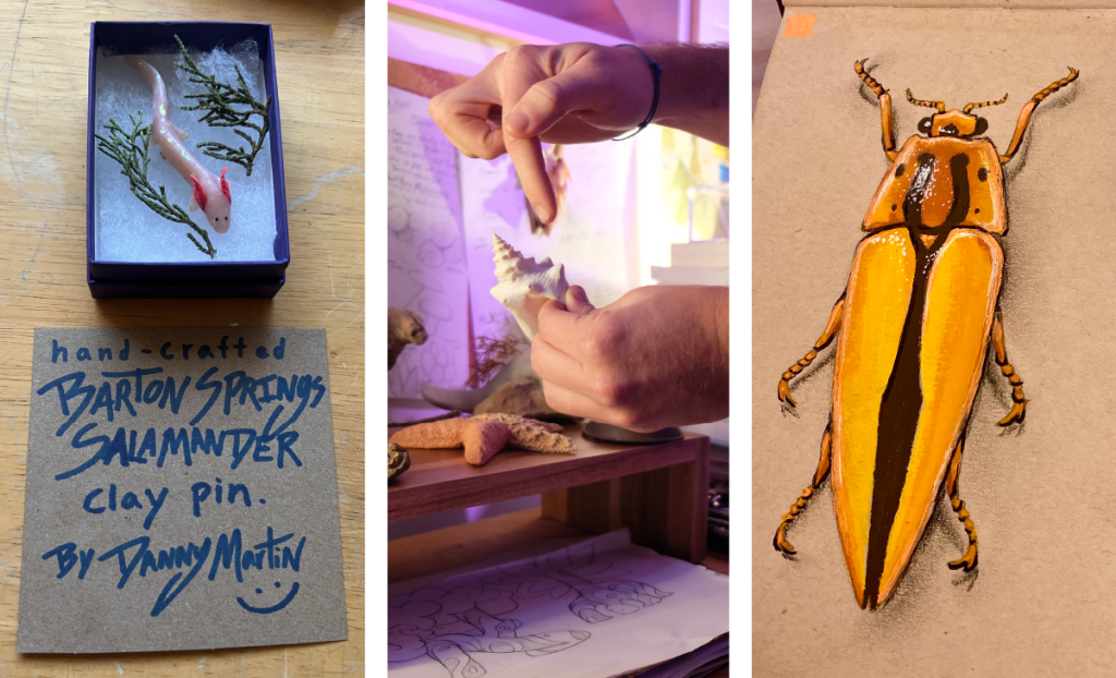 Three photos of Danny's art: a Barton Springs Salamander pin in a small box, Danny's finger points towards part of a shell that he's added ceramic pieces to, a painting of a bright yellow and black beetle.