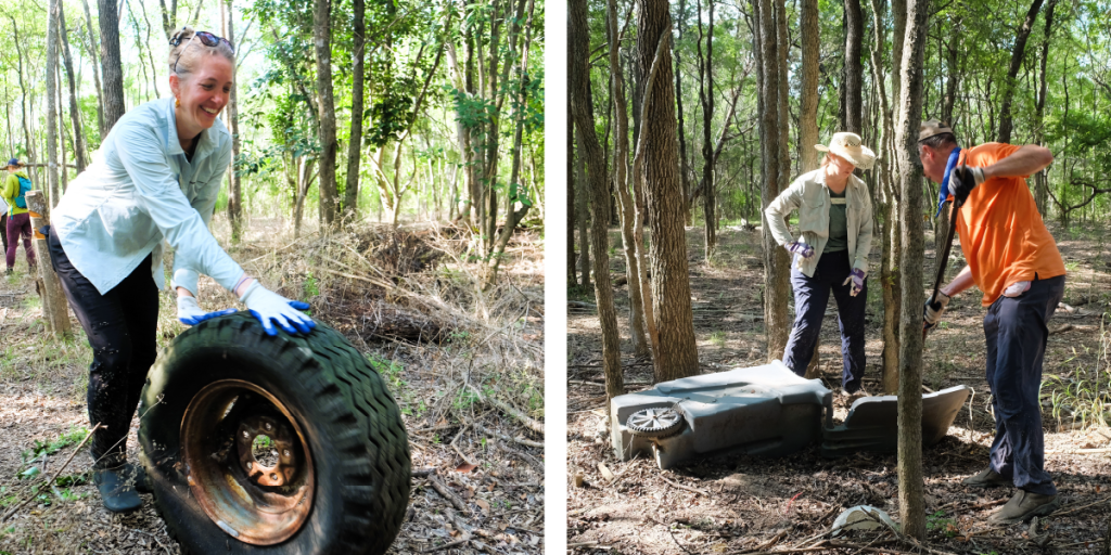 Left: a woman rolls a tire out of a wooded area. Right: two people work on digging a buried trash can out of a wooded area.