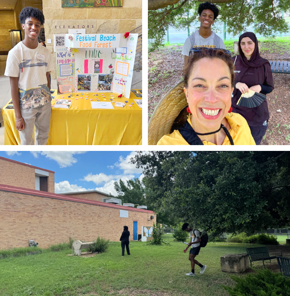 Top (left to right): Elijah stands next to a presentation board that says, "Festival Beach Food Forest." Elijah stands with fellow CCCN intern Rahila as a woman in the foreground smiles taking a selfie. Bottom: Rahila and Elijah walk around the gardens at Martin Middle School.