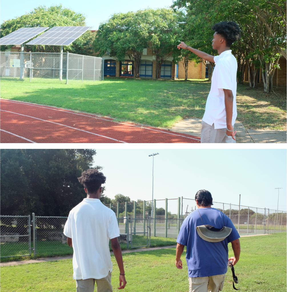 Top: Elijah stands on a track pointing towards solar panels. Bottom: Elijah and  Moises, Martin's Athletic Director, walk away from the camera towards the school gardens.