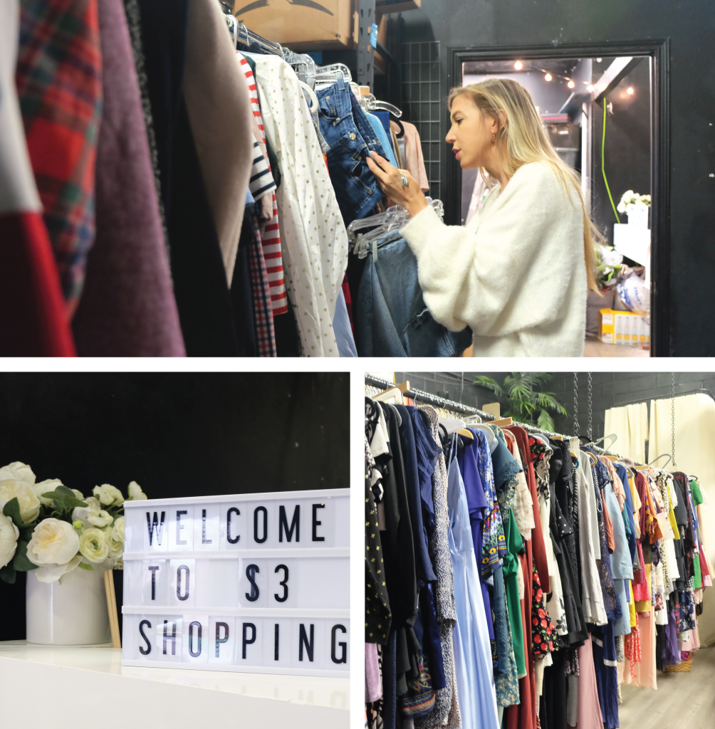 Top: Kelley stands at a large rack of clothes looking closely at the tag of one. Bottom; left: A sign reads, "Welcome to $3 shopping." Right: A colorful rack of clothes.