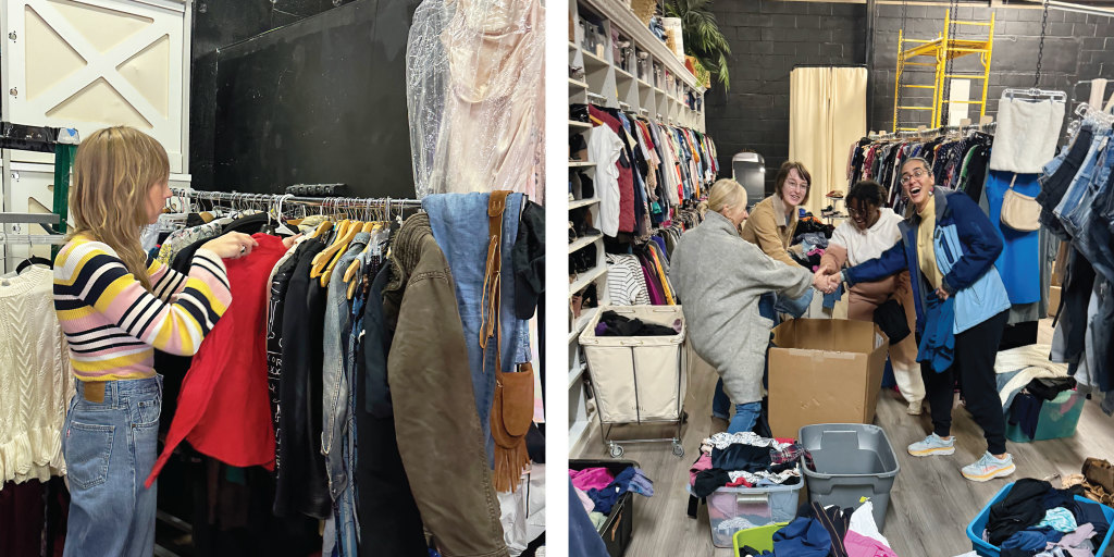 Left: a person places a red blouse into a rack of clothes. Right: Four volunteers put their hands together for a cheer over a cardboard box of donations.