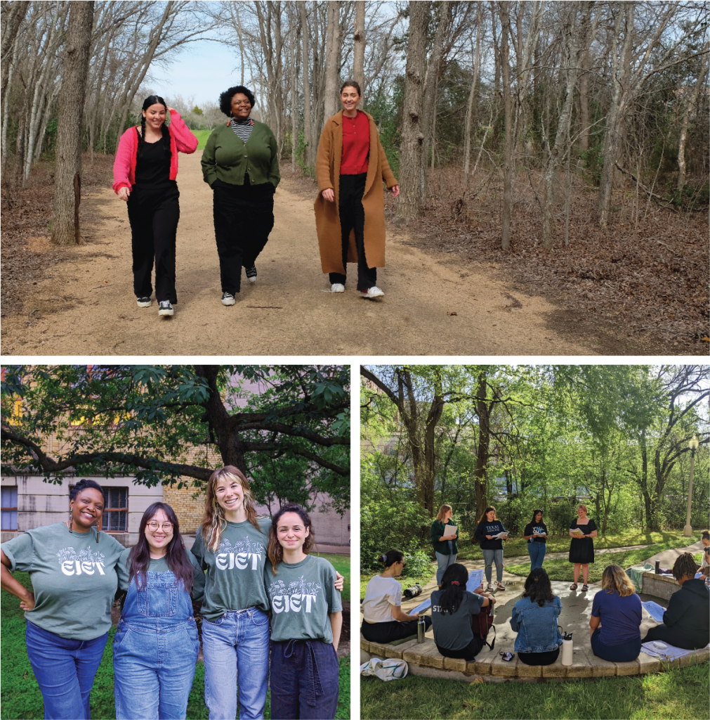 A three photo collage. On the top, Starla walks down a nature path between two young women. Bottom left, Starla stands with three students all wearing green EJET tee shirts. Bottom right, a group of four students stand in front of a seated circle of students reading off of papers.