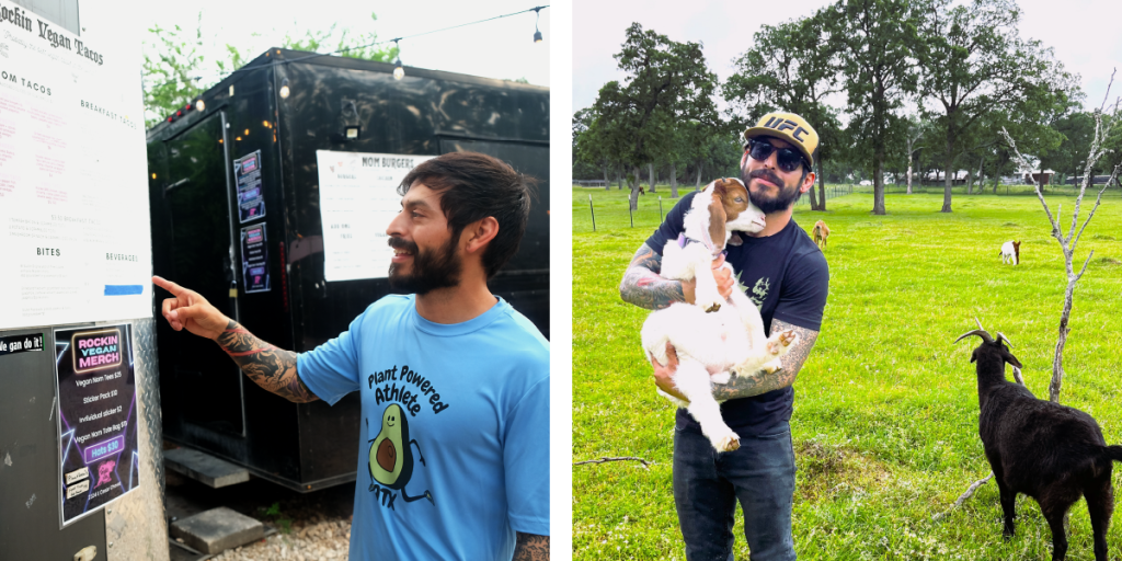 Left: Troy points to a menu on a food truck. Right: Troy holds a goat in his arms. Behind him, other goats are scattered through a large field.