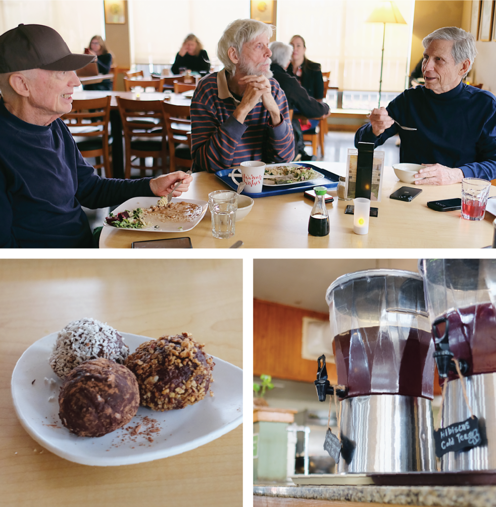 Top: Wayo shares lunch with some of Casa de Luz’s regulars. He knows many in the community by name and stops to chat with them about their lives. Bottom (left to right): Cacao truffles available for dessert; hibiscus and a mint lemongrass rooibos iced tea are available daily.