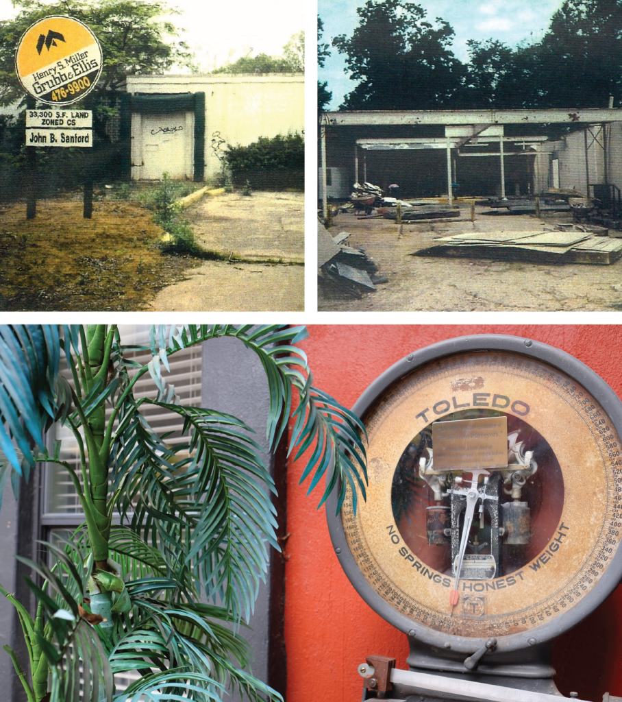 Above (left to right): The original structure that Maryann and Wayo found in the nineties; construction on Casa de Luz. Below: A scale at Casa de Luz from the original meat processing facility. An inscription reads, “This scale is a somber reminder of “Texas Meat Purveyors.” It stands as a symbol of transformation and commitment to a compassionate future.”