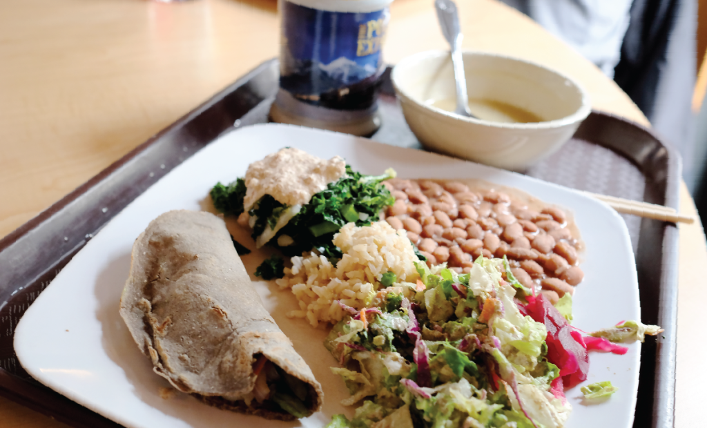 A lunch plate with sprouted beans, veggie tacos in a homemade tortilla, brown rice, salad, and steamed kale with a nut-based dressing.