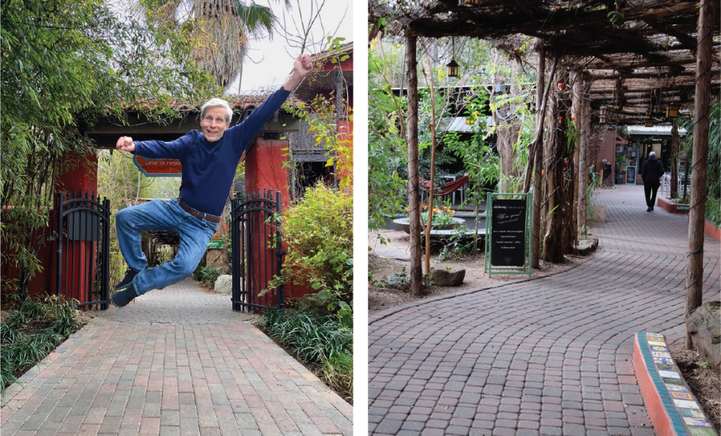 Left: Wayo kicks up his heels at the entrance of Casa de Luz. He shared that he is particularly proud of the design as a welcoming space to invite community in. Right: A winding path invites visitors into the wellness community.