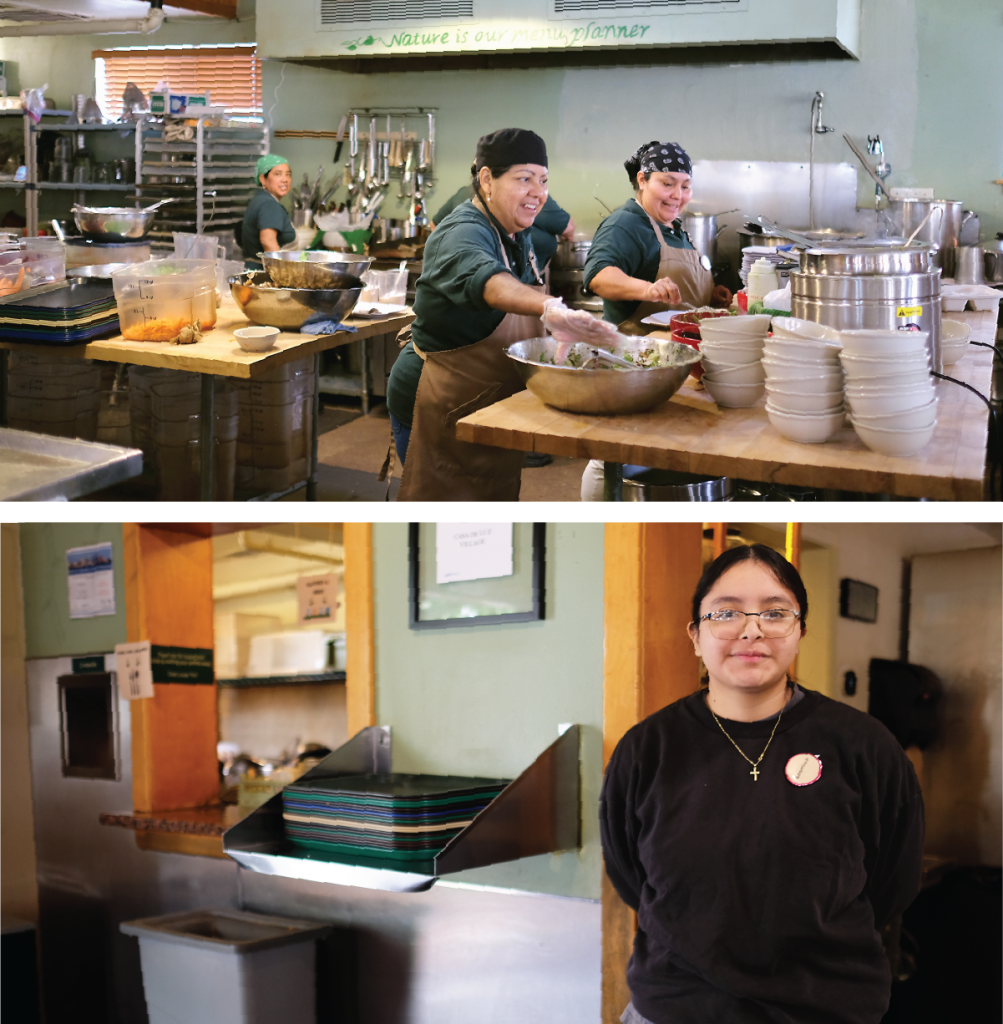 Top: staff members laugh in the kitchen as they prepare lunch. Below: a young woman stands next to the composting station at Casa de Luz.