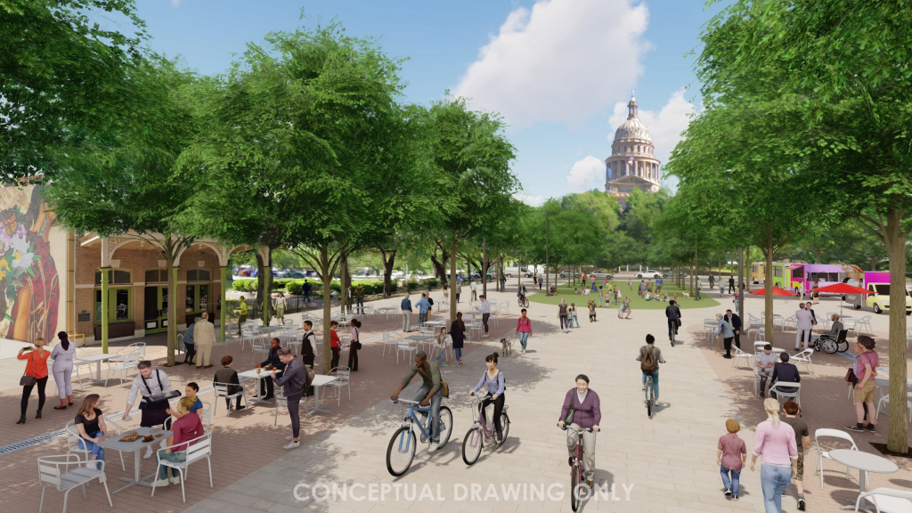 A conceptual drawing of a proposed plaza concept south of 11th Street in Austin, Texas