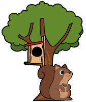 A cartoon illustration of a brown squirrel holding an acorn, sitting at the base of a tree. The tree has a birdhouse hanging from one of its branches. The squirrel looks content, and the tree is full of green leaves.