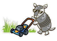 A cartoon armadillo wearing sunglasses is pushing a lawn mower, cutting green grass that is slightly overgrown. The armadillo appears to be smiling while mowing the grass. The image emphasizes the importance of keeping grass below 12 inches as part of summer readiness.