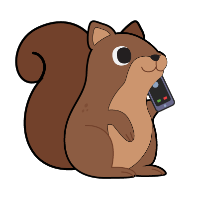 A cartoon illustration of a brown squirrel holding a smartphone to its ear as if making a call. The squirrel has a large bushy tail and a content expression on its face. The screen of the smartphone shows an incoming call interface.