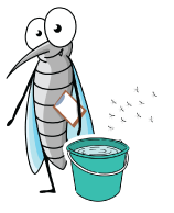 A cartoon mosquito with large eyes is standing next to a green bucket filled with water. The mosquito has a clipboard attached to its body. In the background, there are several smaller mosquitoes flying around. The image highlights the importance of clearing out standing water to prevent mosquito breeding as part of summer readiness.